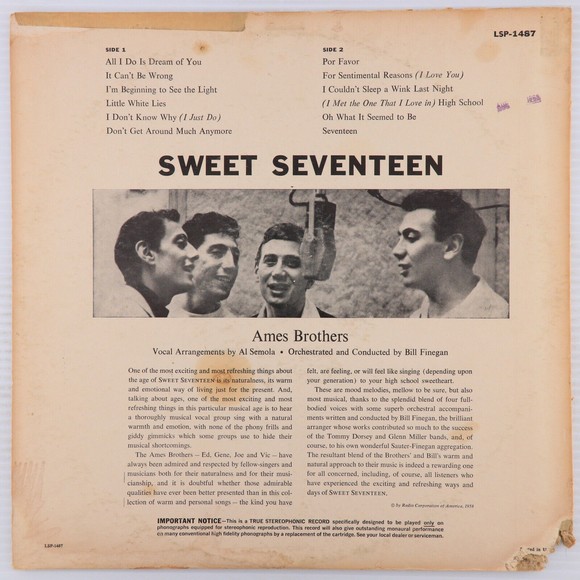 Ames Brothers w/ Bill Finegan Sweet Seventeen 1958 Stereo 12" LP Record LSP-1487 - Picture 2 of 16